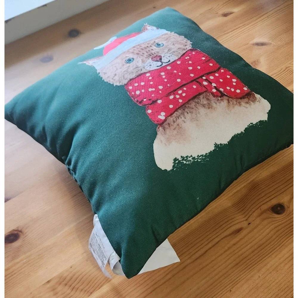 Christmas‎ Cat Accent Throw Pillow Green Red Scarf Holiday Decor